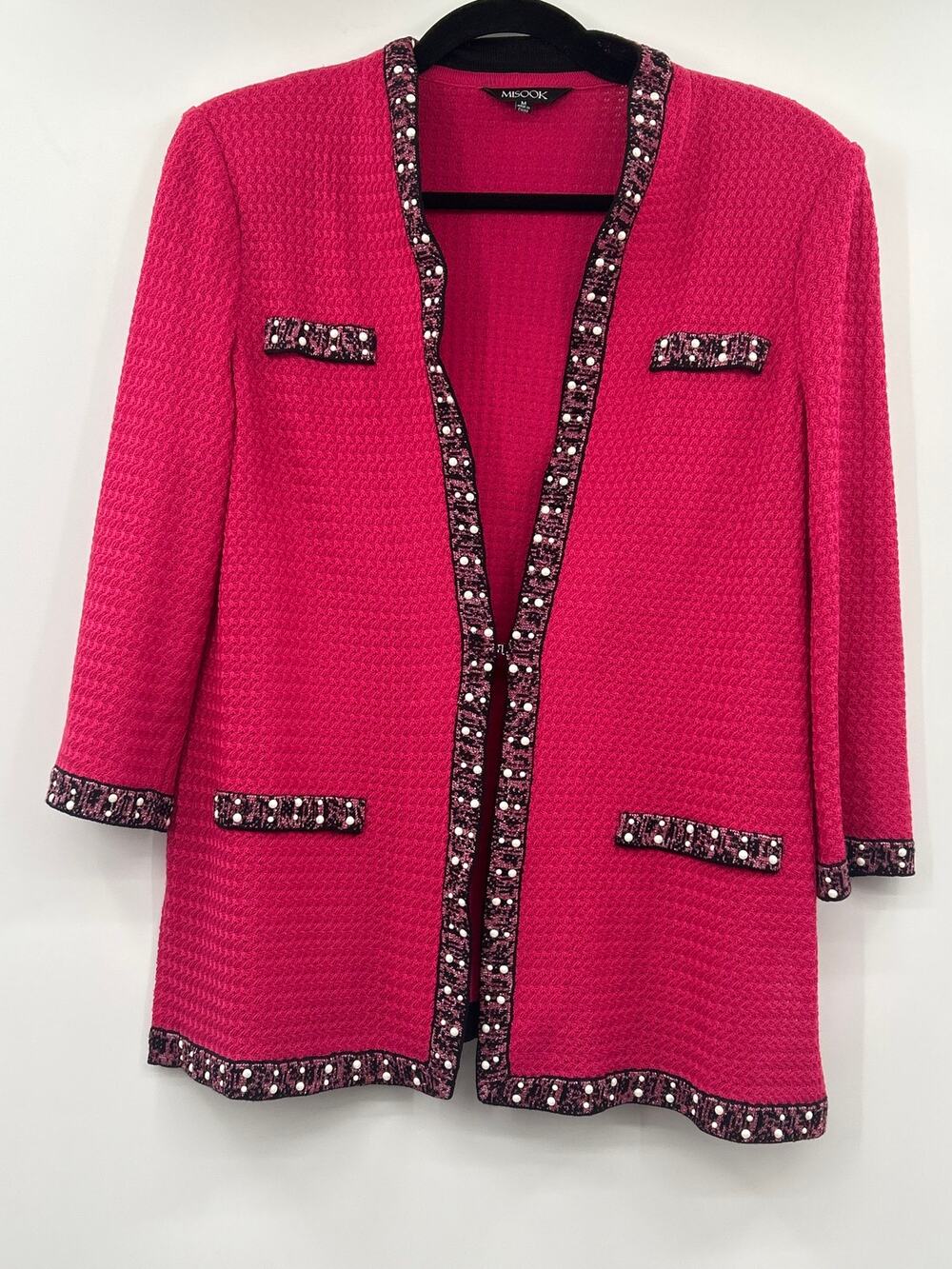 Misook Textured Knit Jacket Cardigan Medium Pink Embellished Trim Career Chic